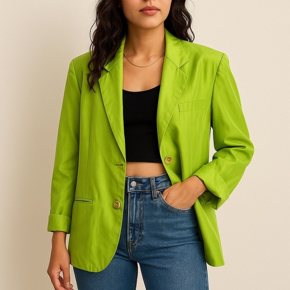 Vintage Silk Oversized 90s Y2K Lime Green Blazer S - Picture 2 of 12